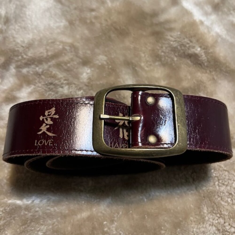 Vintage Dillon Rogers "Love, Happiness" Burgundy Leather Belt w/Brass Buckle